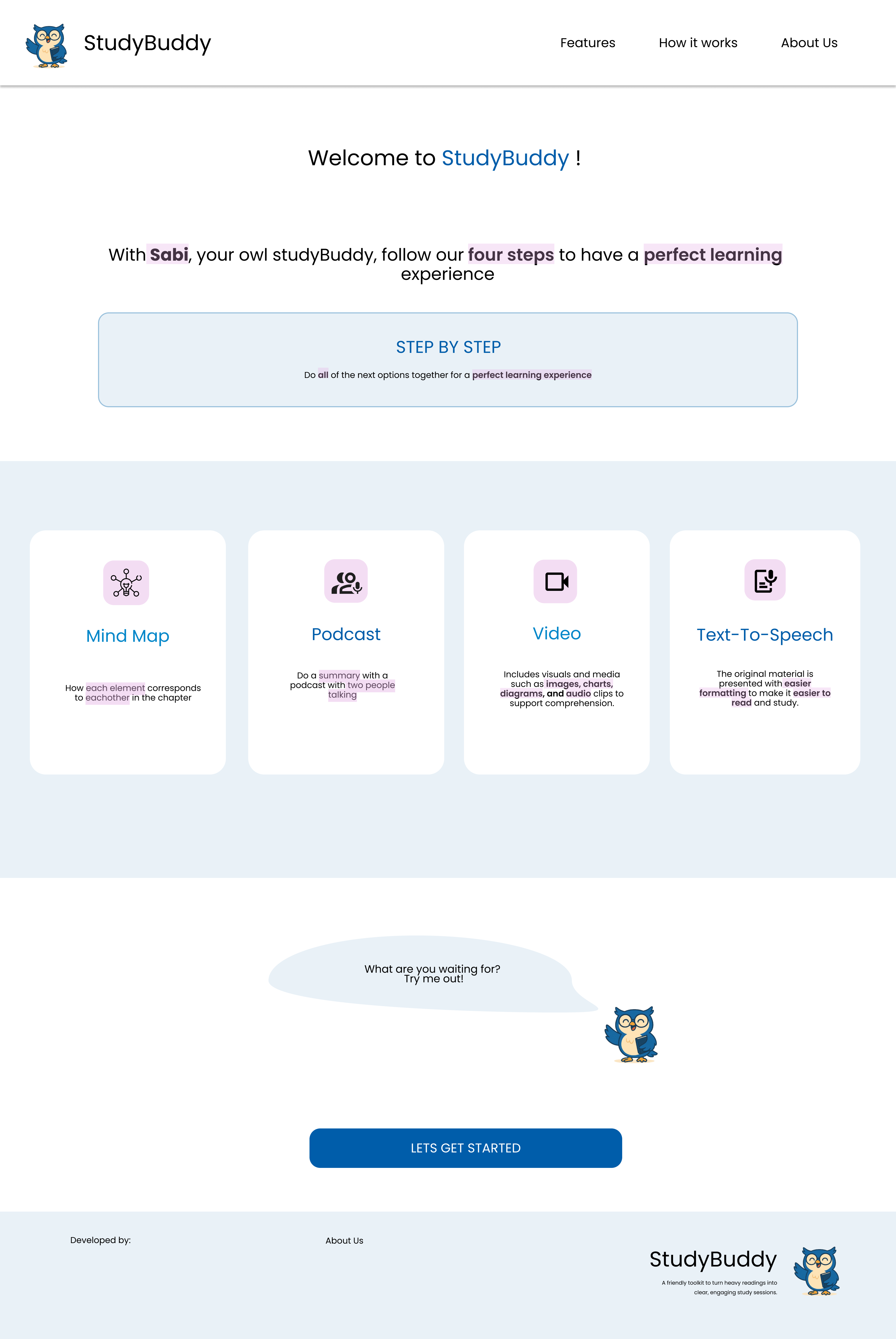 Study tool landing page